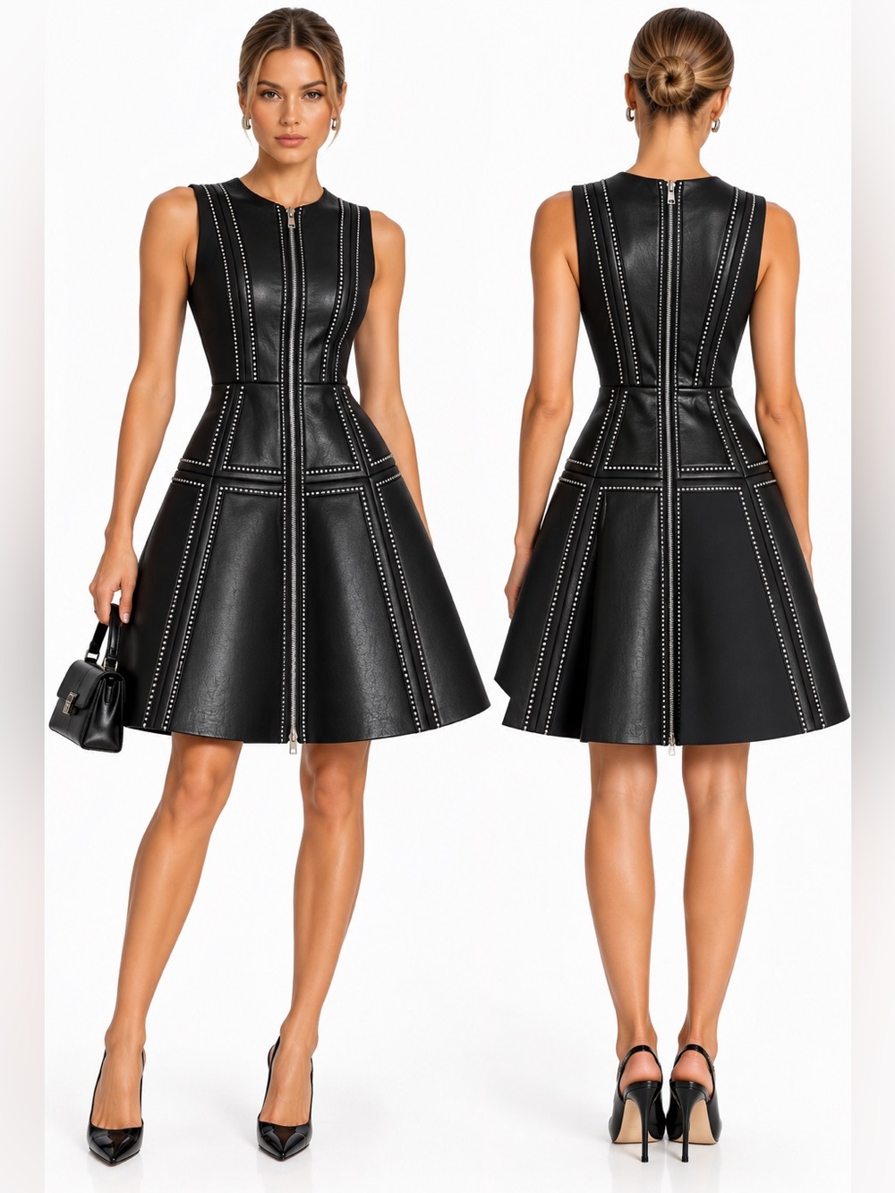 Sleeveless Black Stud-Trim A-Line Dress